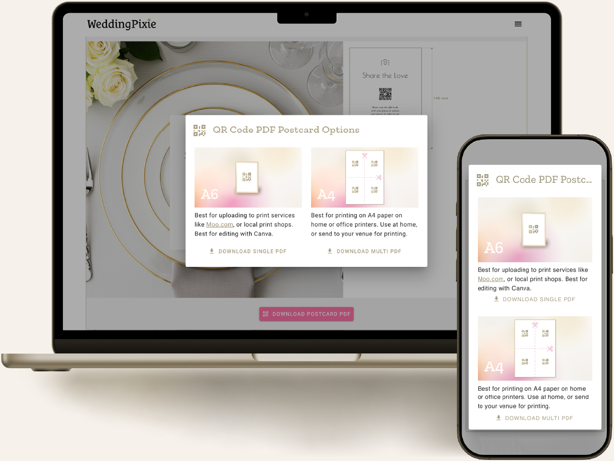 Screen shot of the laptop and mobile versions of the WeddingPixie wedding signage design tool download a print-ready PDF 