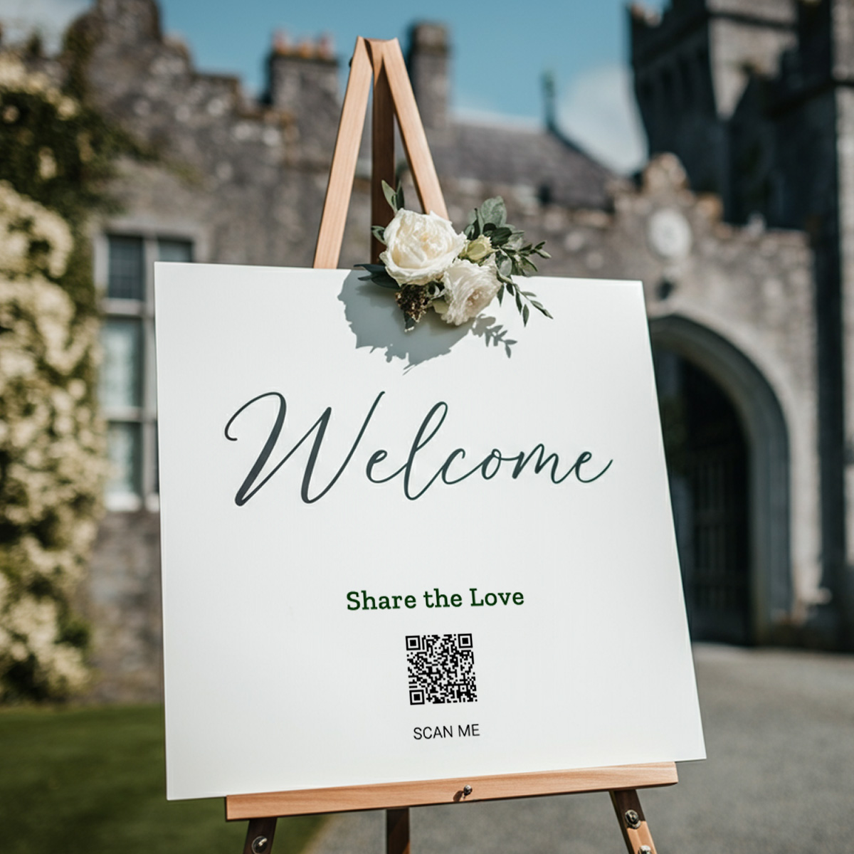 QR Code on a card at a wedding drinks reception being scanned with a mobile phone