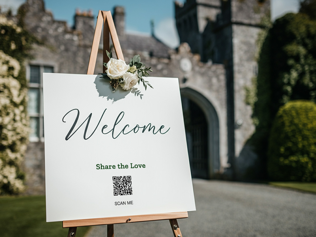 Welcome sign at wedding showing QR Code